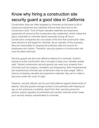 Know why hiring a construction site security guard a good idea in California