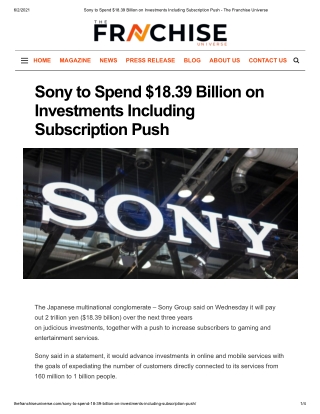 Sony to Spend $18.39 Billion on Investments Including Subscription Push - The Franchise Universe