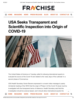 USA Seeks Transparent and Scientific Inspection into Origin of COVID-19 - The Franchise Universe