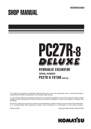 Komatsu PC27R-8, PC27R-8 (DELUXE) Hydraulic Excavator Service Repair Manual