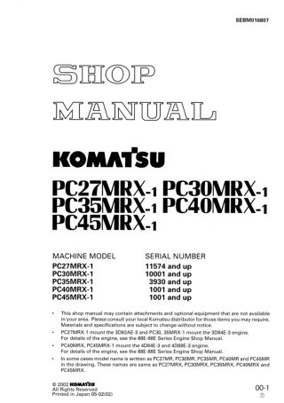Komatsu PC35MRX-1 Excavator Service Repair Manual SN3930 and up