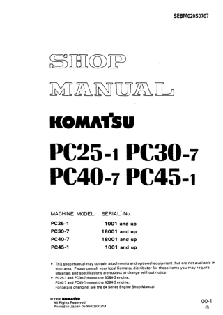 Komatsu PC45-1 Hydraulic Excavator Service Repair Manual SN 3506 and up