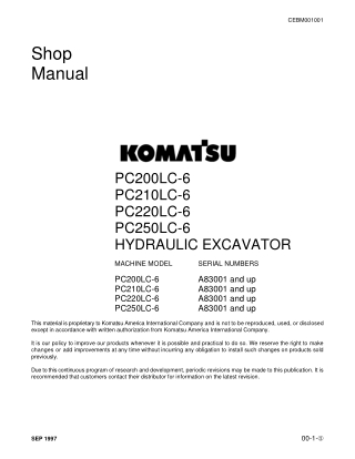 Komatsu PC200 Hydraulic Excavator Service Repair Manual (A83000 and up)