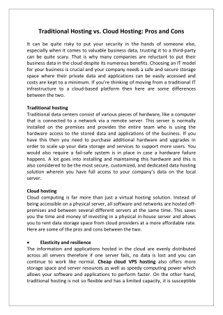 Traditional Hosting vs. Cloud Hosting Pros and Cons