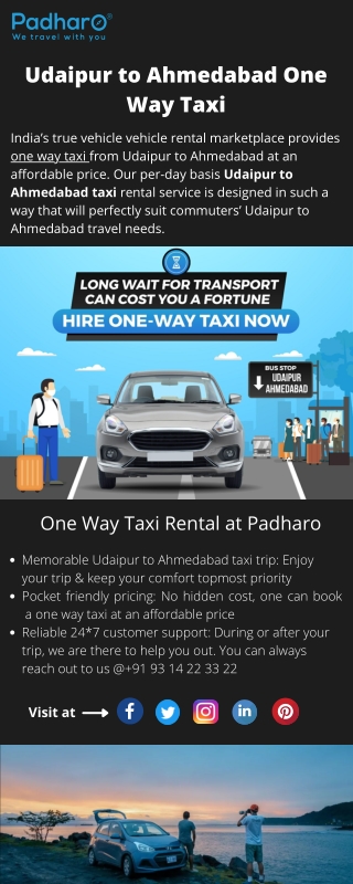 Hire a one way taxi from Udaipur to Ahmedabad - Book a one way cab from Padharo