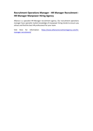 Recruitment Operations Manager - HR Manager Recruitment - HR Manager Manpower Hiring Agency