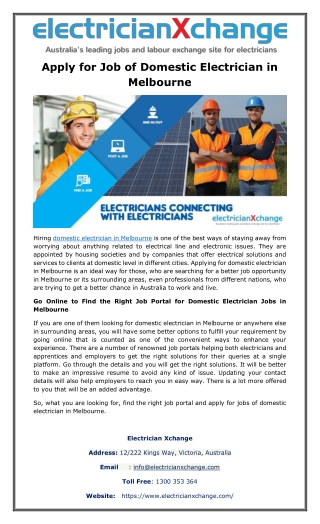 Apply for Job of Domestic Electrician in Melbourne