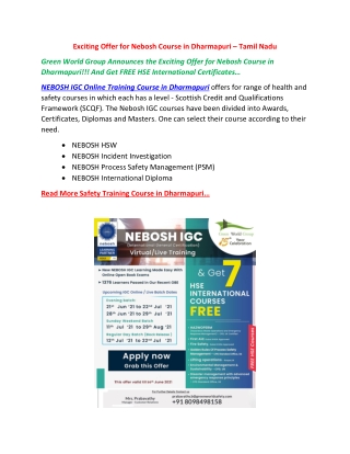 Exciting Offer for Nebosh Course in Dharmapuri – Tamil Nadu