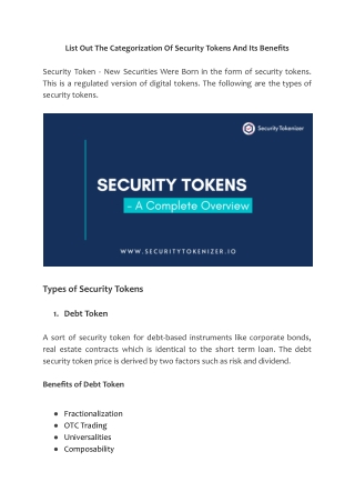 List Out The Categorization Of Security Tokens And Its Benefits