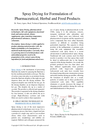 Spray Drying for Formulation of Pharmaceutical, Herbal and Food Products