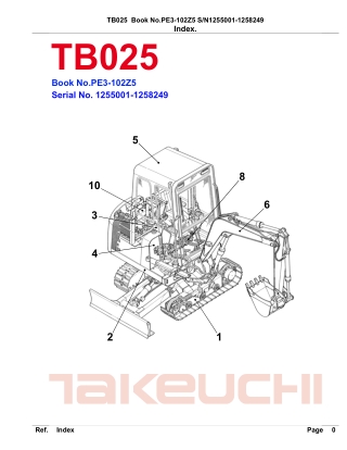 Takeuchi TB025 Compact Excavator Parts Catalogue Manual (SN 1255001-1258249)