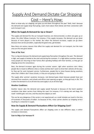 Supply And Demand Dictate Car Shipping Cost – Here’s How