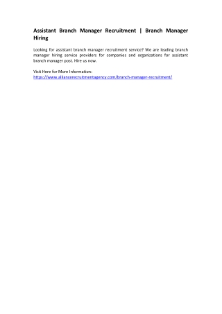 Assistant Branch Manager Recruitment - Branch Manager Hiring