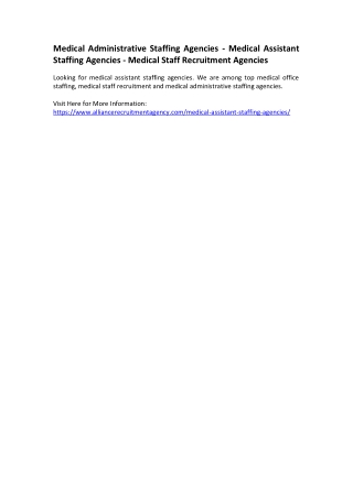 Medical Administrative Staffing Agencies - Medical Assistant Staffing Agencies - Medical Staff Recruitment Agencies