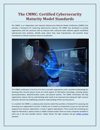 The CMMC: Certified Cybersecurity Maturity Model Standards