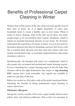 Benefits of Professional Carpet Cleaning in Winter