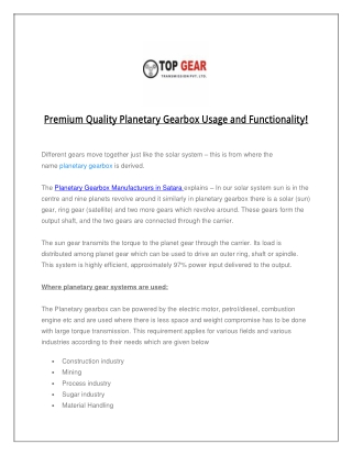 Premium Quality Planetary Gearbox Usage and Functionality