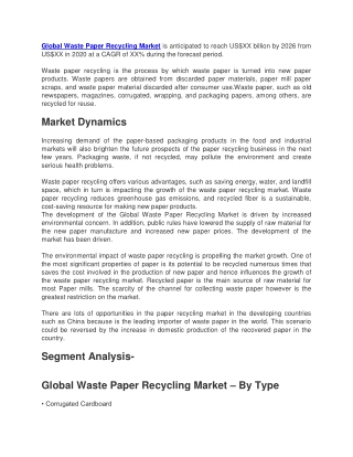 Global Waste Paper Recycling Market is anticipated to reach US