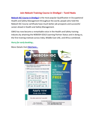 Join Nebosh Training Course in Dindigul