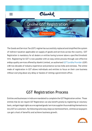 Online GST Registration, GST Registration Application Form | Alankit.in