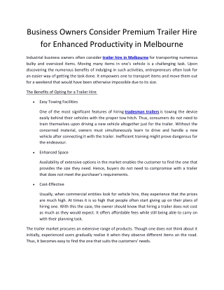 Business Owners Consider Premium Trailer Hire for Enhanced Productivity in Melbourne