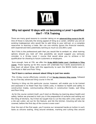 Why not spend 10 days with us becoming a Level 1-qualified tiler_ - YTA Training