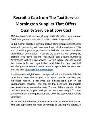 Recruit a Cab from The Taxi Service Mornington Supplier That Offers Quality Service at Low Cost .docx