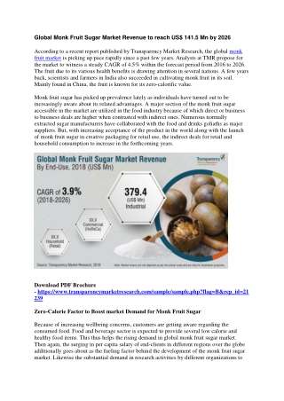 Global Monk Fruit Sugar Market Revenue to reach US$ 141.5 Mn by 2026