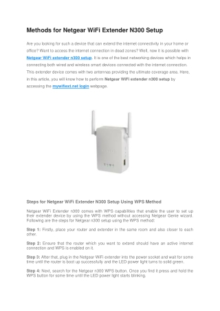 Methods for Netgear WiFi Extender N300 Setup