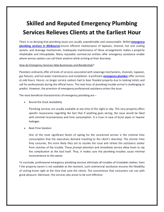 Skilled and Reputed Emergency Plumbing Services Relieves Clients at the Earliest Hour