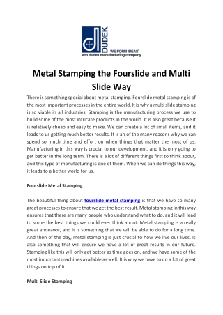 Metal Stamping the Fourslide and Multi Slide Way