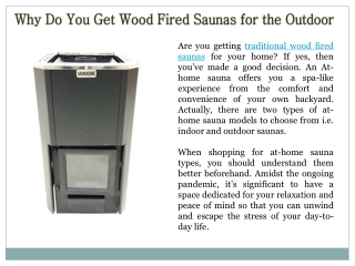 Why Do You Get Wood Fired Saunas for the Outdoor