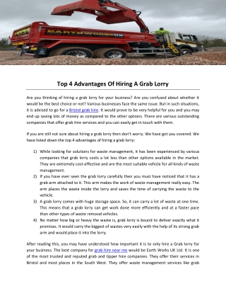 Top 4 Advantages Of Hiring A Grab Lorry