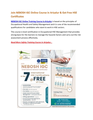 Join NEBOSH IGC Online Course in Ariyalur & Get Free HSE Certificates