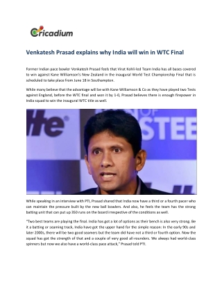 Venkatesh Prasad explains why India will win in WTC Final