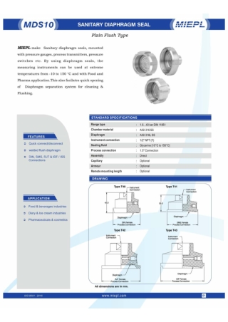 MDS10 Sanitary Diaphragm Seal - Plain Flush Type | MIEPL