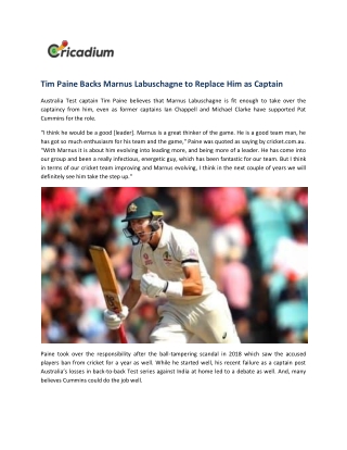 Tim Paine Backs Marnus Labuschagne to Replace Him as Captain