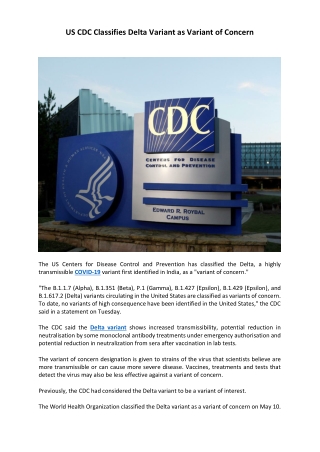 US CDC Classifies Delta Variant as Variant of Concern