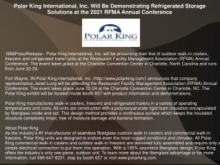 Polar King International, Inc. Will Be Demonstrating Refrigerated Storage Soluti