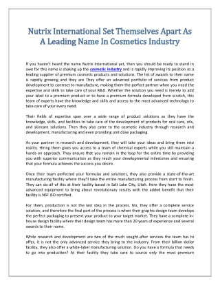 Nutrix International Set Themselves Apart As A Leading Name In Cosmetics Industry
