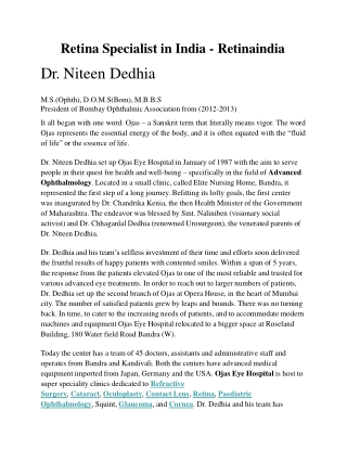 Retina Specialist in India - Dr. Niteen dedhia