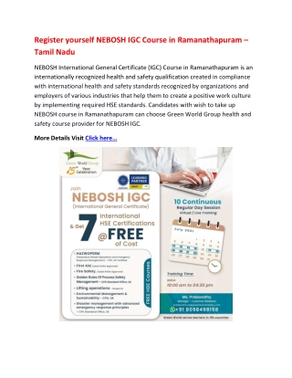 Register yourself NEBOSH IGC Course in Ramanathapuram – Tamil Nadu