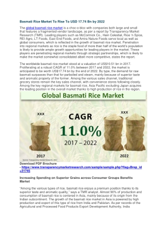 Basmati Rice Market To Rise To USD 17.74 Bn by 2022