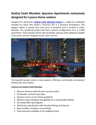 Godrej Vashi Mumbai - Spacious Apartments exclusively designed for Luxury Home seekers