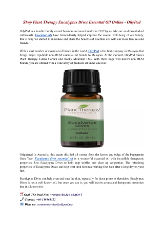 Shop Plant Therapy Eucalyptus Dives Essential Oil Online - OilyPod