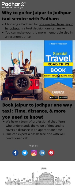 Book Jaipur to Jodhpur taxi @ affordable price - Hire one way taxi from Padharo