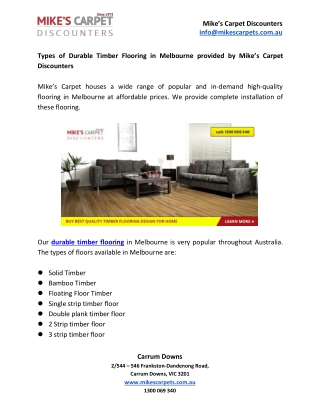 Types of Durable Timber Flooring in Melbourne provided by Mike’s Carpet Discounters