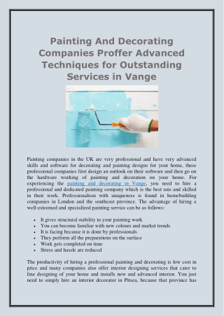 Painting And Decorating Companies Proffer Advanced Techniques for Outstanding Services in Vange