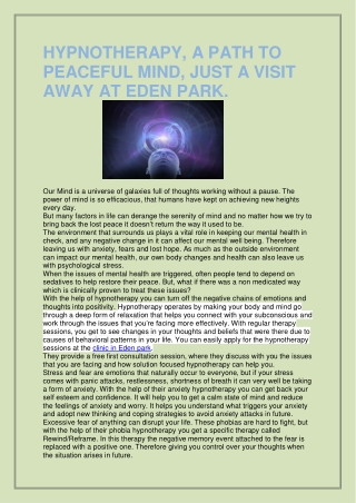 HYPNOTHERAPY, A PATH TO PEACEFUL MIND, JUST A VISIT AWAY AT EDEN PARK.