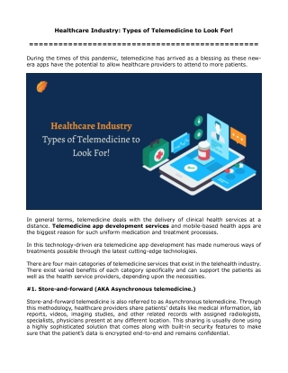 Healthcare Industry Types of Telemedicine to Look For